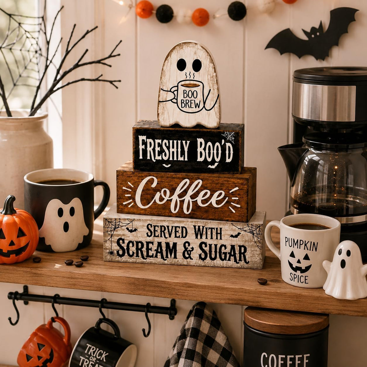 Halloween Decorations Indoor Wooden Cute Ghost Kitchen Coffee Bar Decor