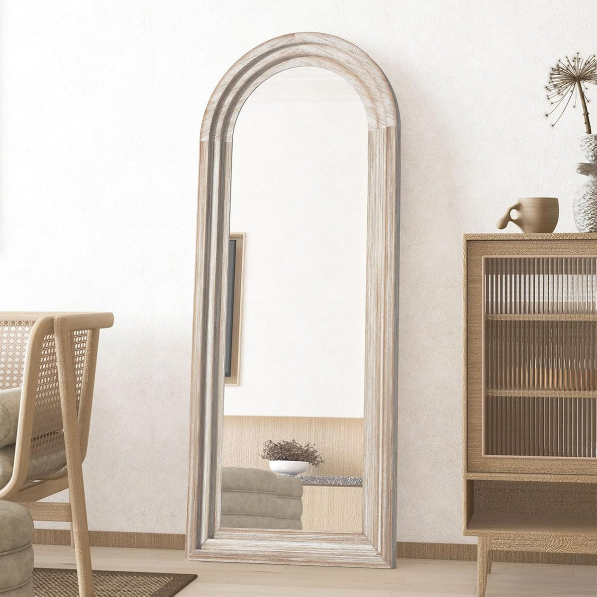 Arched Full Length Mirror with Solid Wood Frame 65x24 Inch Wall Mounted Floor Mirror, Vertical Hanging Leaning Standing Mirror for Living Room, Bedroom, Entryway, Rustic White
