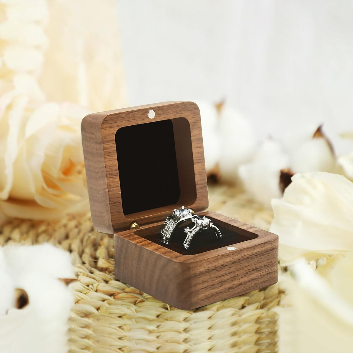 Jomelly Wooden Ring Box for Wedding Ceremony 2 Slots,Black
