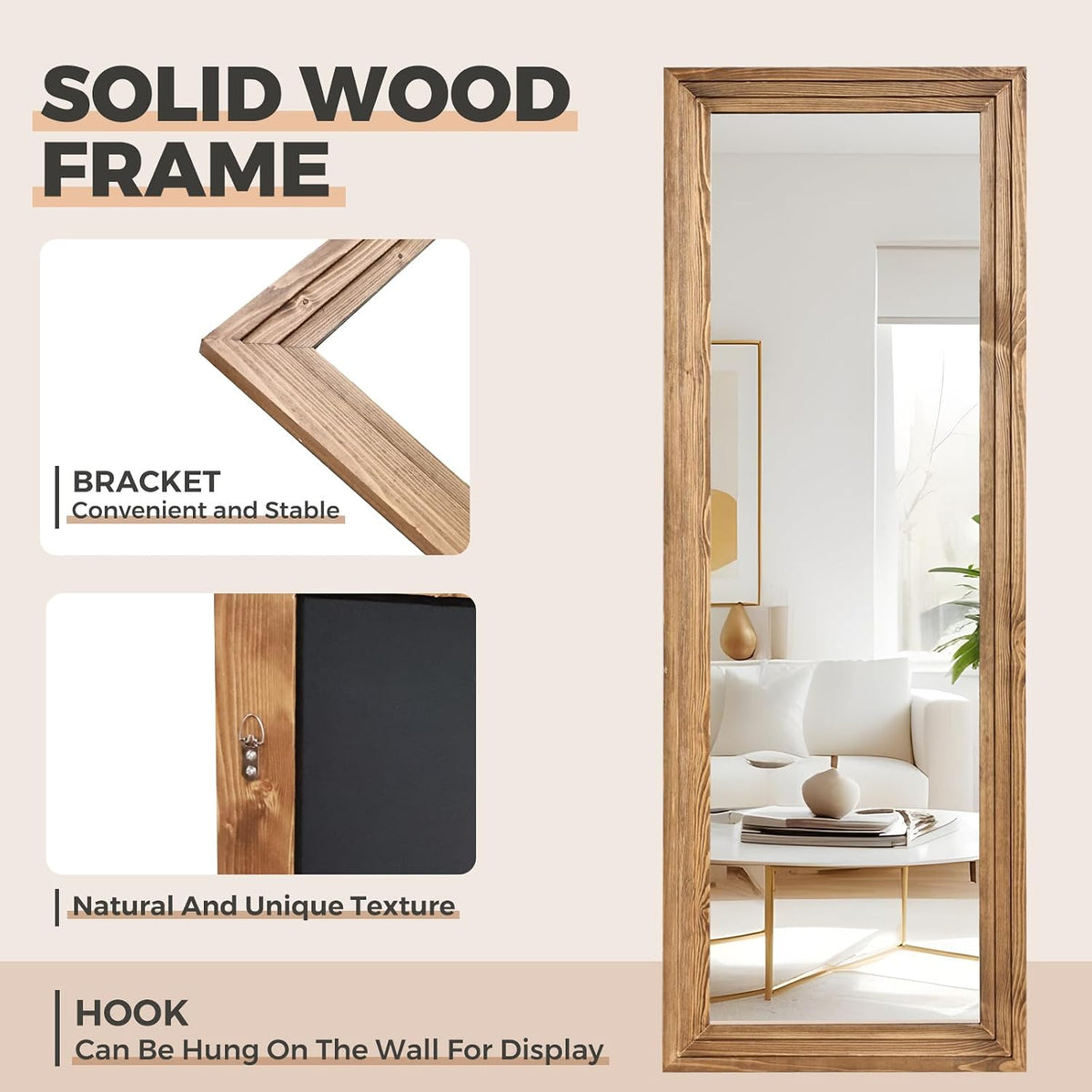 Full Length Mirror, 65 x 24 Inch Solid Wood Floor Mirror, Wood