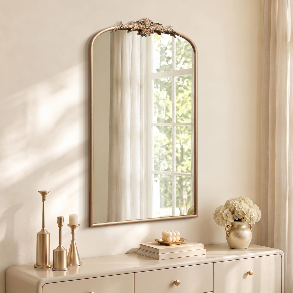 Besdomus Vintage Arched Gold Mirror: 40"x29" Large Brass Antique Decorative