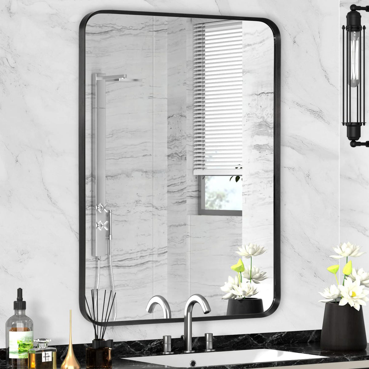 Wall Mount Mirror for Bathroom, Black Metal Framed, 24" x 36"