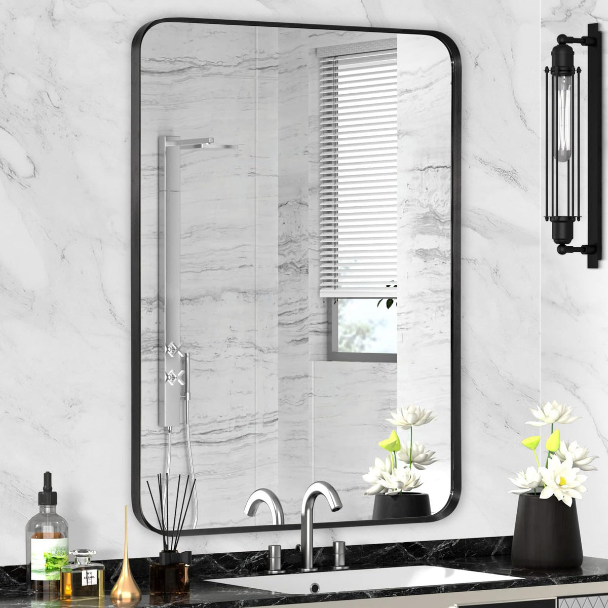 Wall Mount Mirror for Bathroom, Black Metal Framed, 24" x 36"