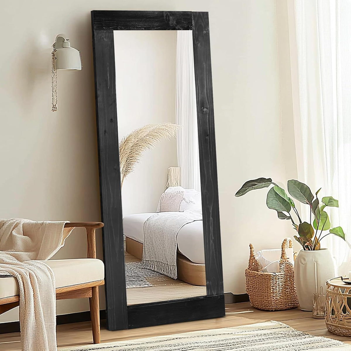 58x24in Full Length Mirror, Solid Wood Convex Frame, Black