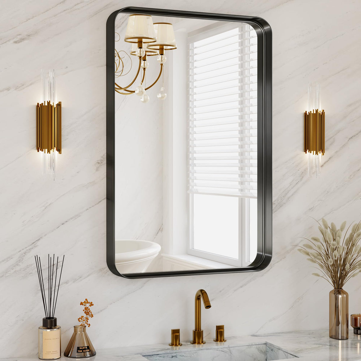 30x36 Inch Black Metal Framed Bathroom Mirror for Wall, HD Tempered Glass