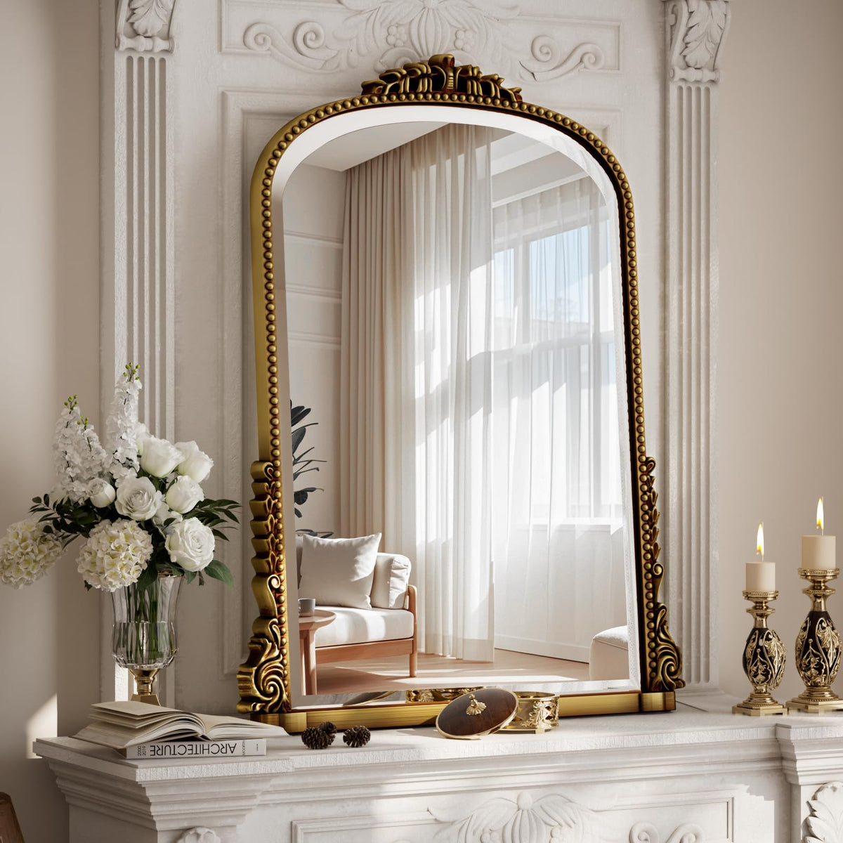 24"×32" Bronze Arched Wall Mirror with Vintage Carving