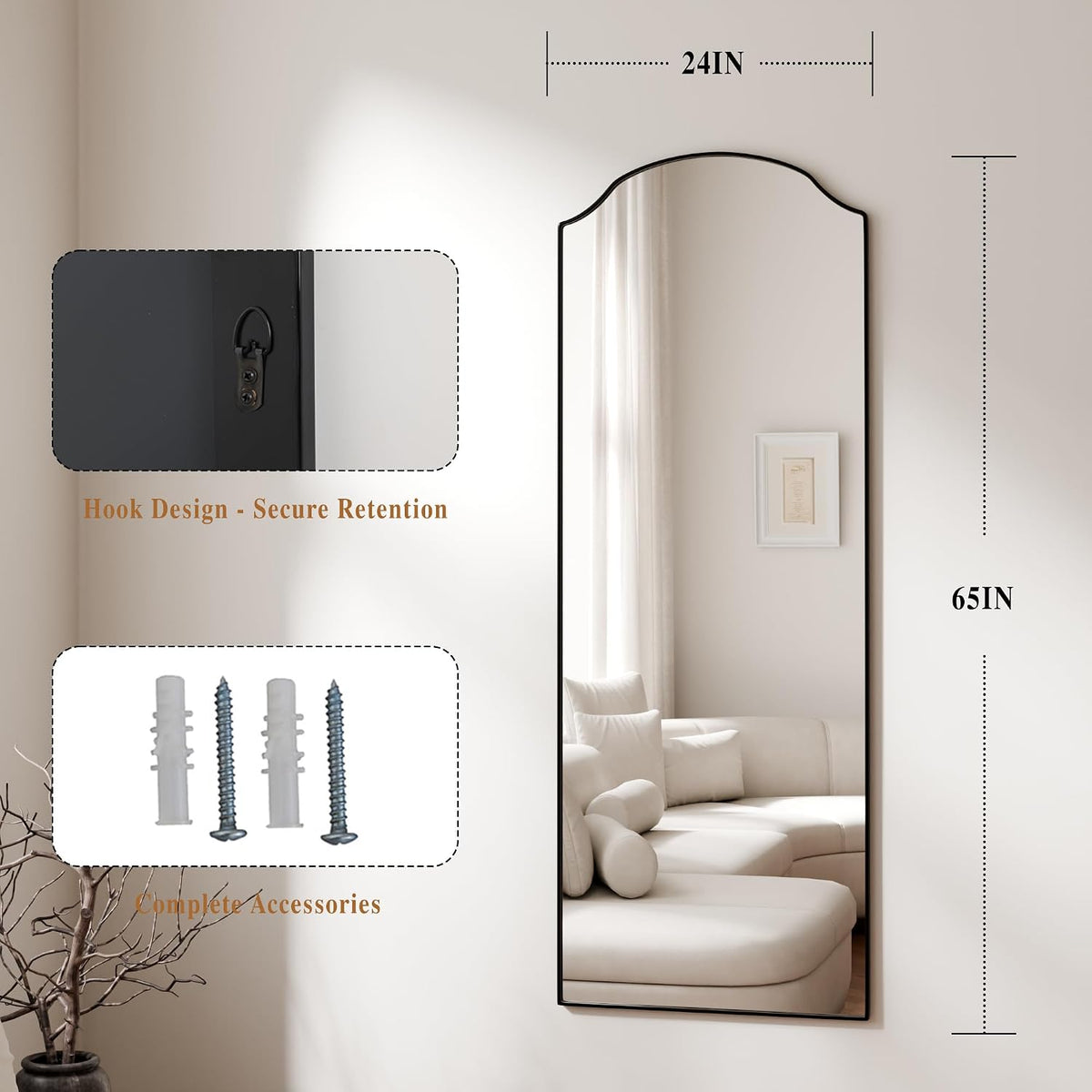 BEAUTYPEAK 65"x24" Full Length Mirror with Unique Arched Design