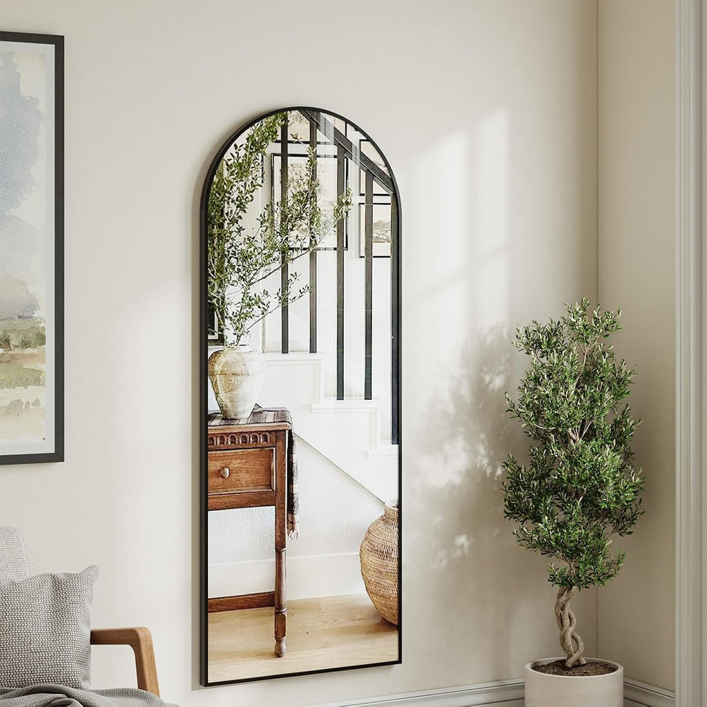 Krymnar 57"x21" Arched Full Length Mirror, Brushed Black Aluminum Frame Floor Mirror with Stand, HD Shatterproof Glass & Rust-Proof Body Mirror for Bedroom, Living Room, Bathroom, Entryway