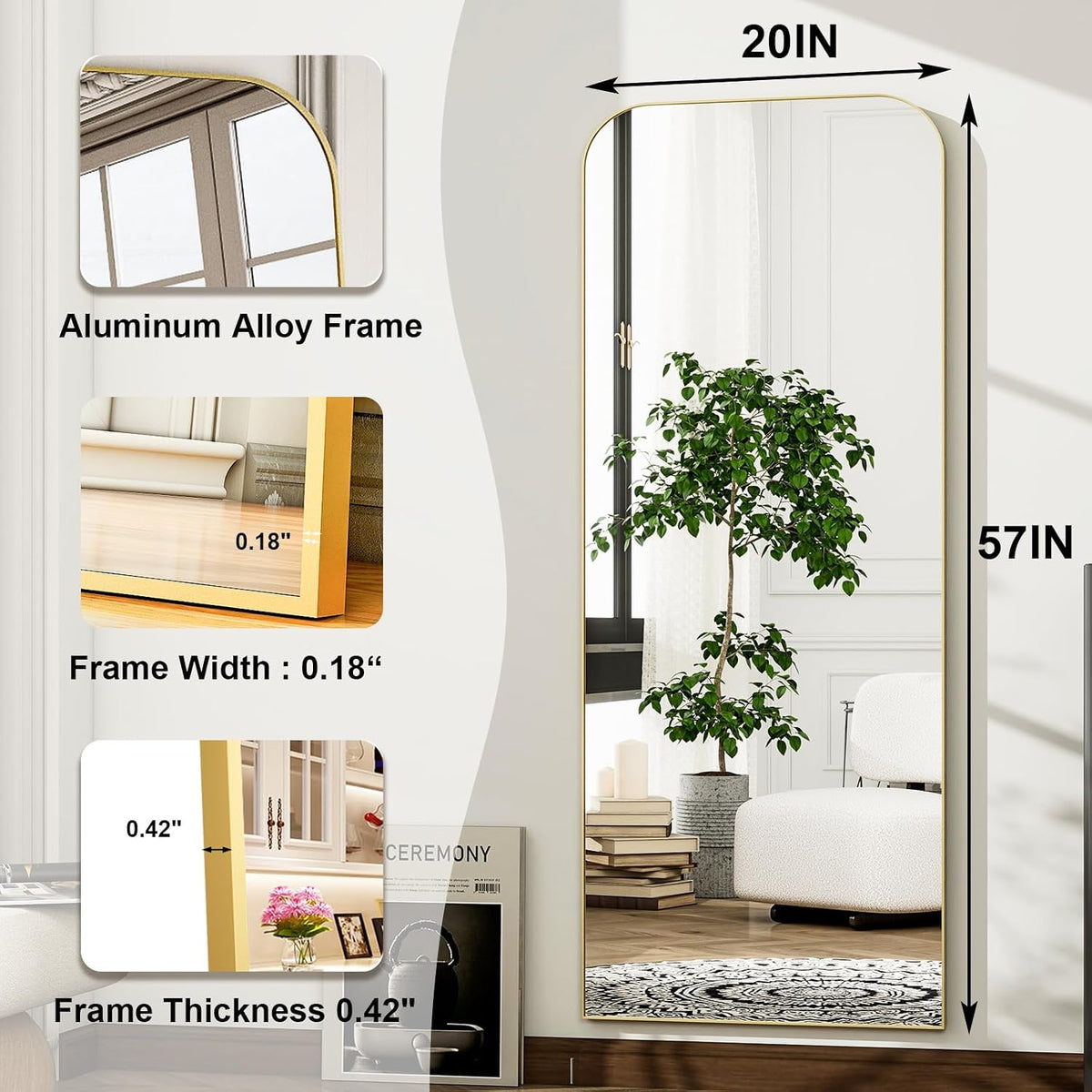 HARRITPURE 57"x20" Full Length Mirror Gold Rounded Corner Floor Mirror