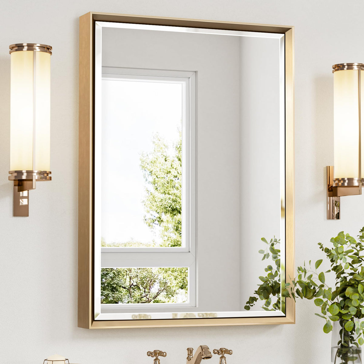 Brushed Nickel Bathroom Mirror, 24x32 Inch Beveled Framed Bathroom Mirror Anti-Rust, Brushed Nickel Metal Frame Bathroom Vanity Mirror for Wall, Vertical/Horizontal Wall-Mounted Mirrors