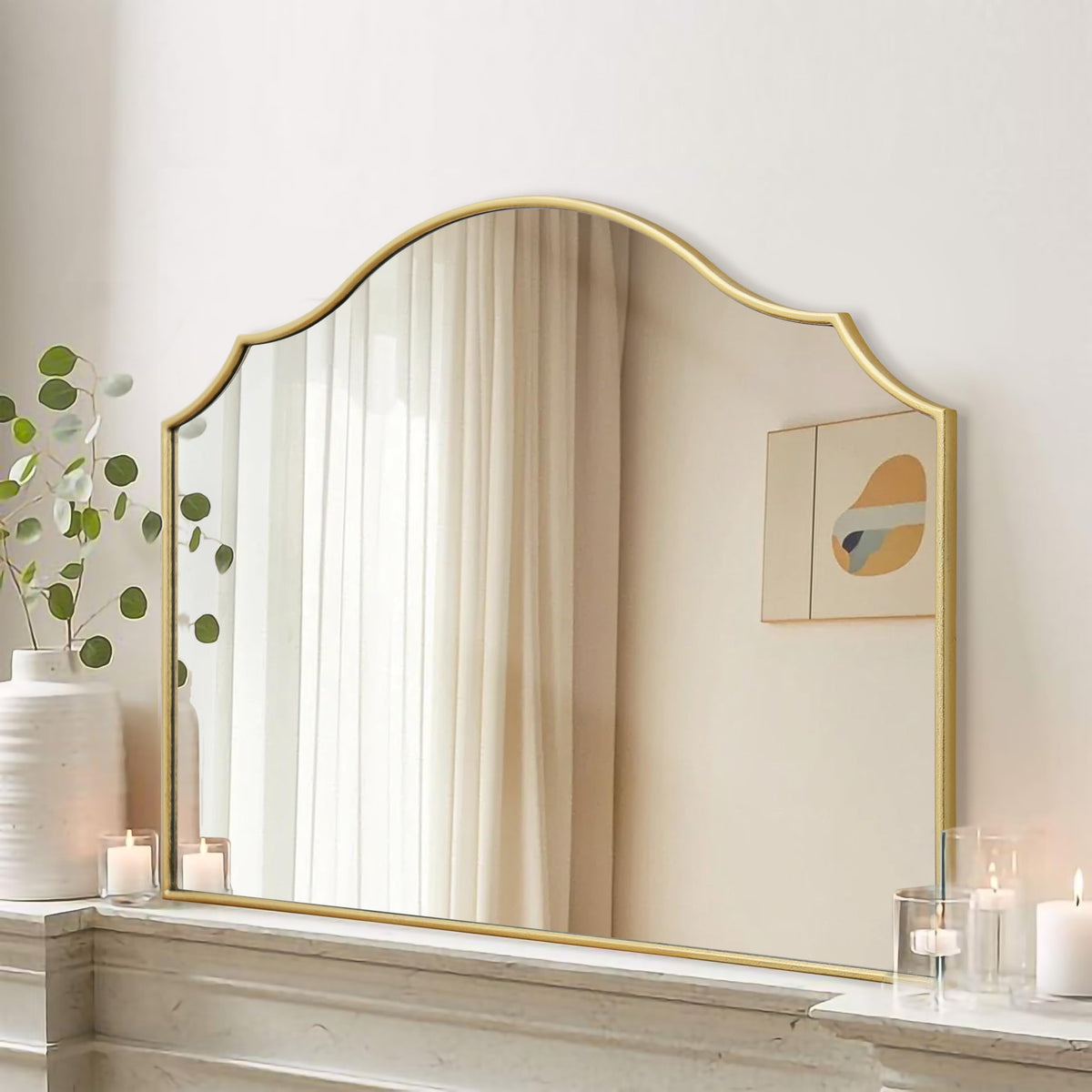 Besdomus Gold Scalloped Wall Mirror: 40"x29" Large Wooden Bathroom Mirror