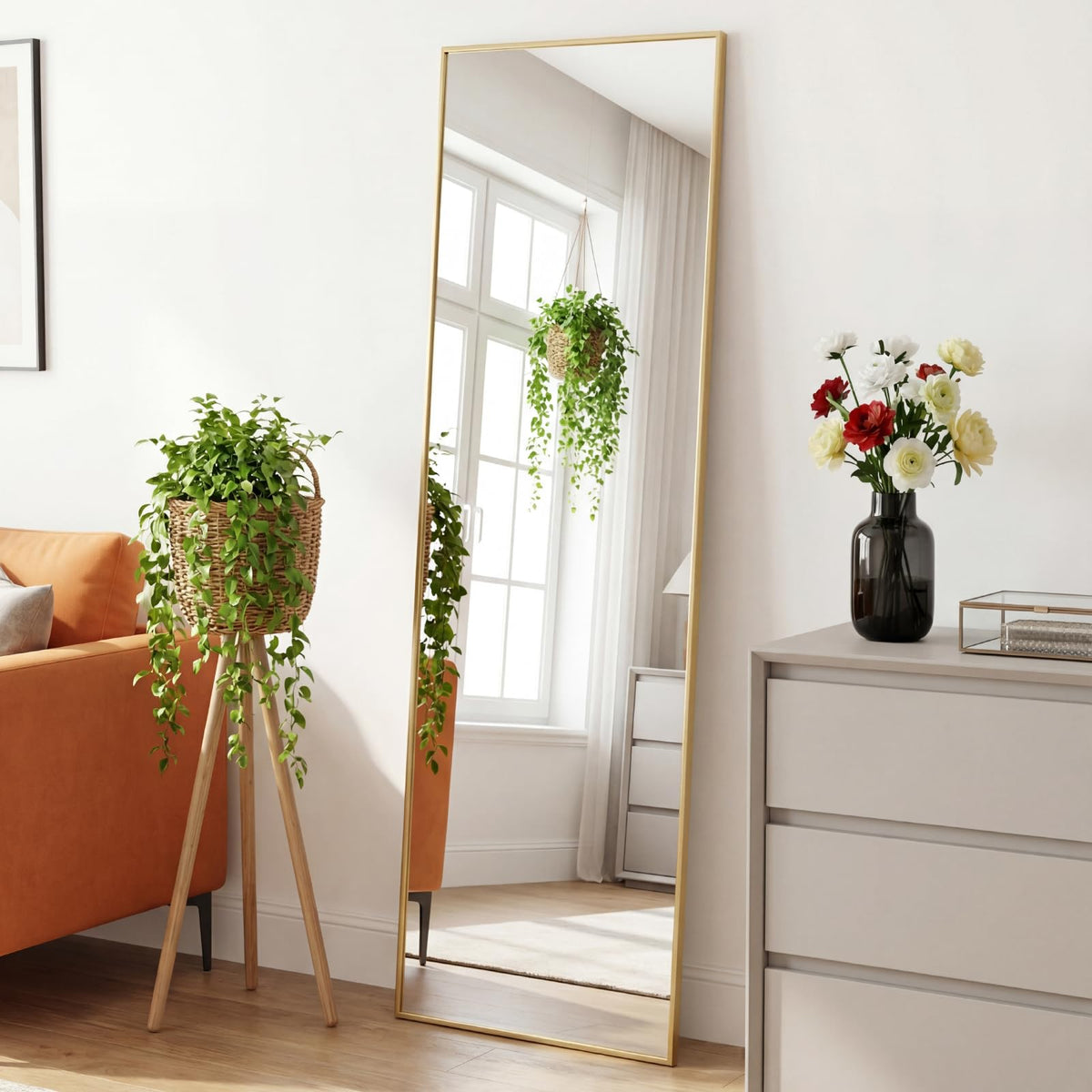 DUMOS Gold Full Length Mirror 59"x16.5" Full Body Floor Mirror for Bedroom or Cloakroom, Can Stand Alone, Hang or Lean Against Wall, Tall Wall Mirrors with Stand and Sleek Aluminum Alloy Thin Frame