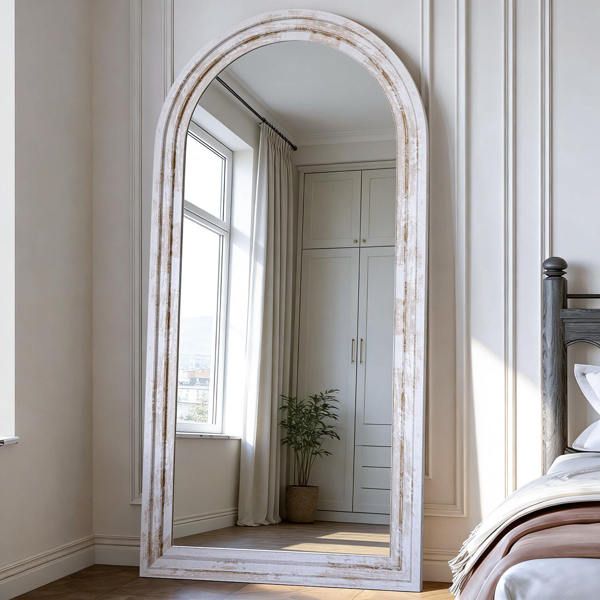 Arched Full Length Mirror with Solid Wood Frame 65x24 Inch Wall Mounted Floor Mirror, Vertical Hanging Leaning Standing Mirror for Living Room, Bedroom, Entryway, Rustic White