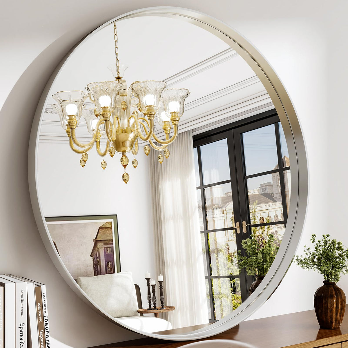 42 Inch Round Bathroom Mirror - Black Wall Mounted Circle Mirror with Metal Frame, Modern Round Hanging Mirror Suitable for Bathroom, Vanity, Entryway, Living Room