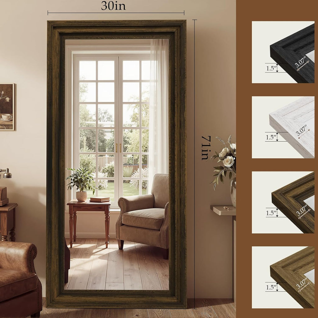Wood Full Length Mirror 71"x30", Large Solid Wood Frame Floor Mirror