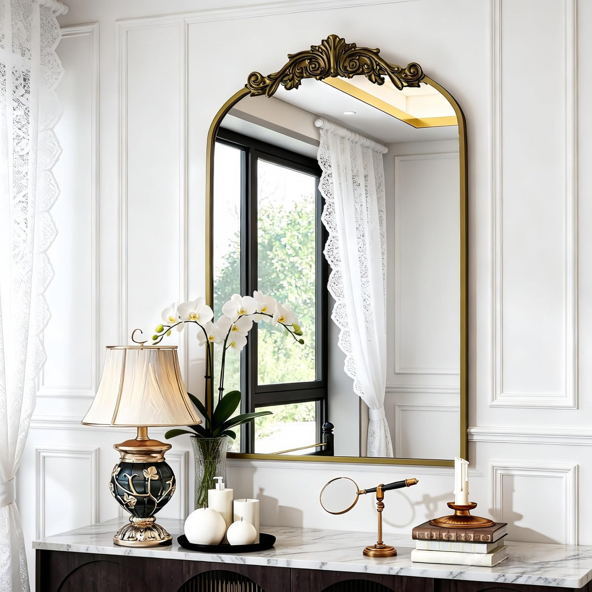 Dewfig Vintage Arched Wall Mirror, 30"x22" Bronze Antique Bathroom Mirror