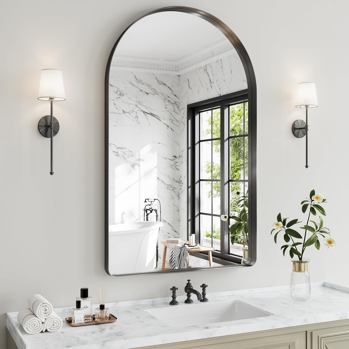 36"x24" Black Arched Mirror, Arched Wall Mirror with Metal Frame, Wall Mounted Large Arched Mirror for Living Room, Restroom, Entryway, Tempered Glass, Modern Home Decor