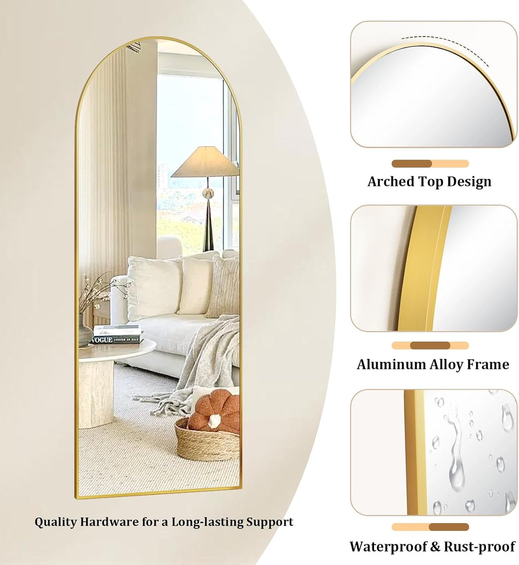 Arched Full Length Floor Mirror with Gold Aluminum Frame, 56"x15"