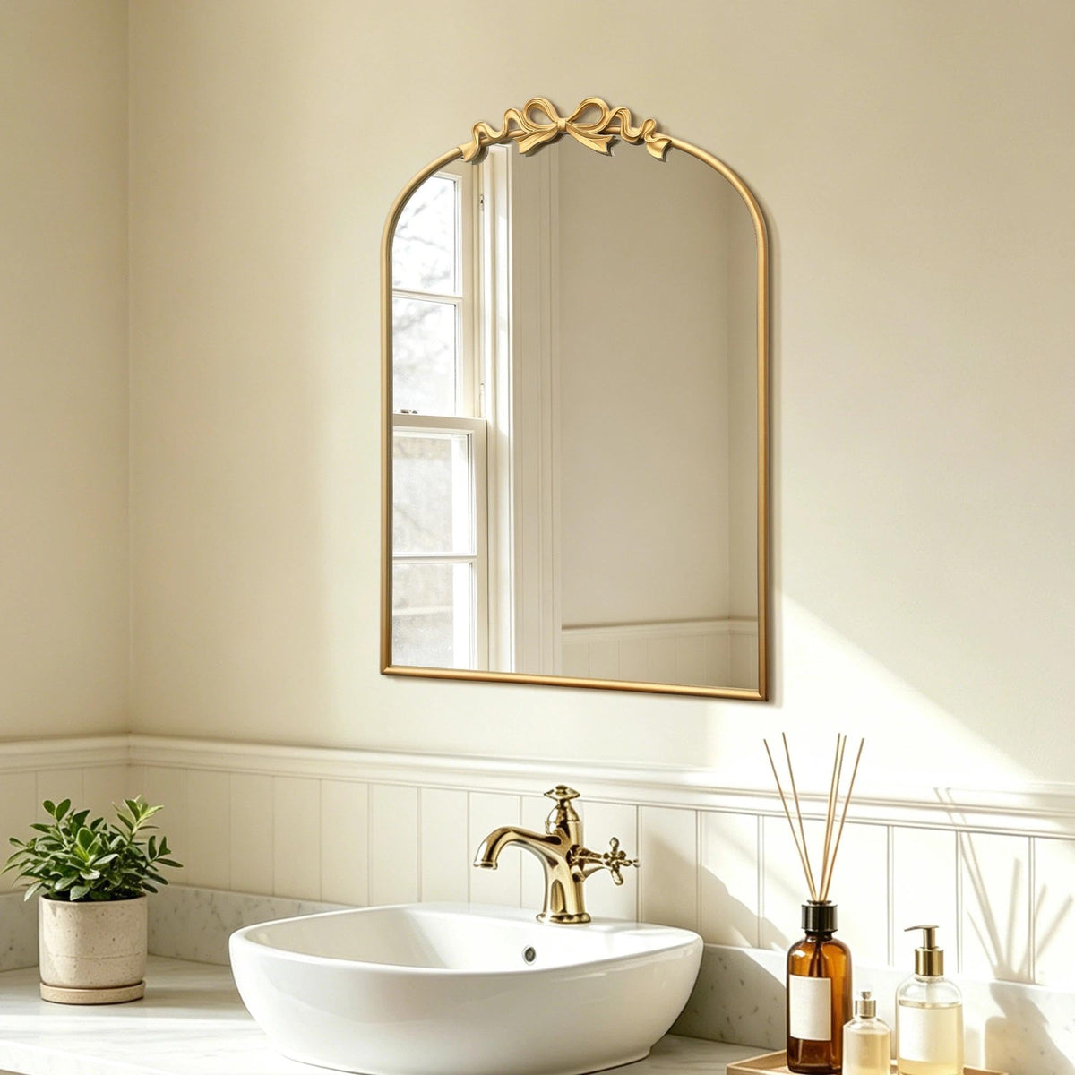 Besdomus Arched Mirror Full Length: 21"x56" Vintage Gold Bow Floor Mirrors