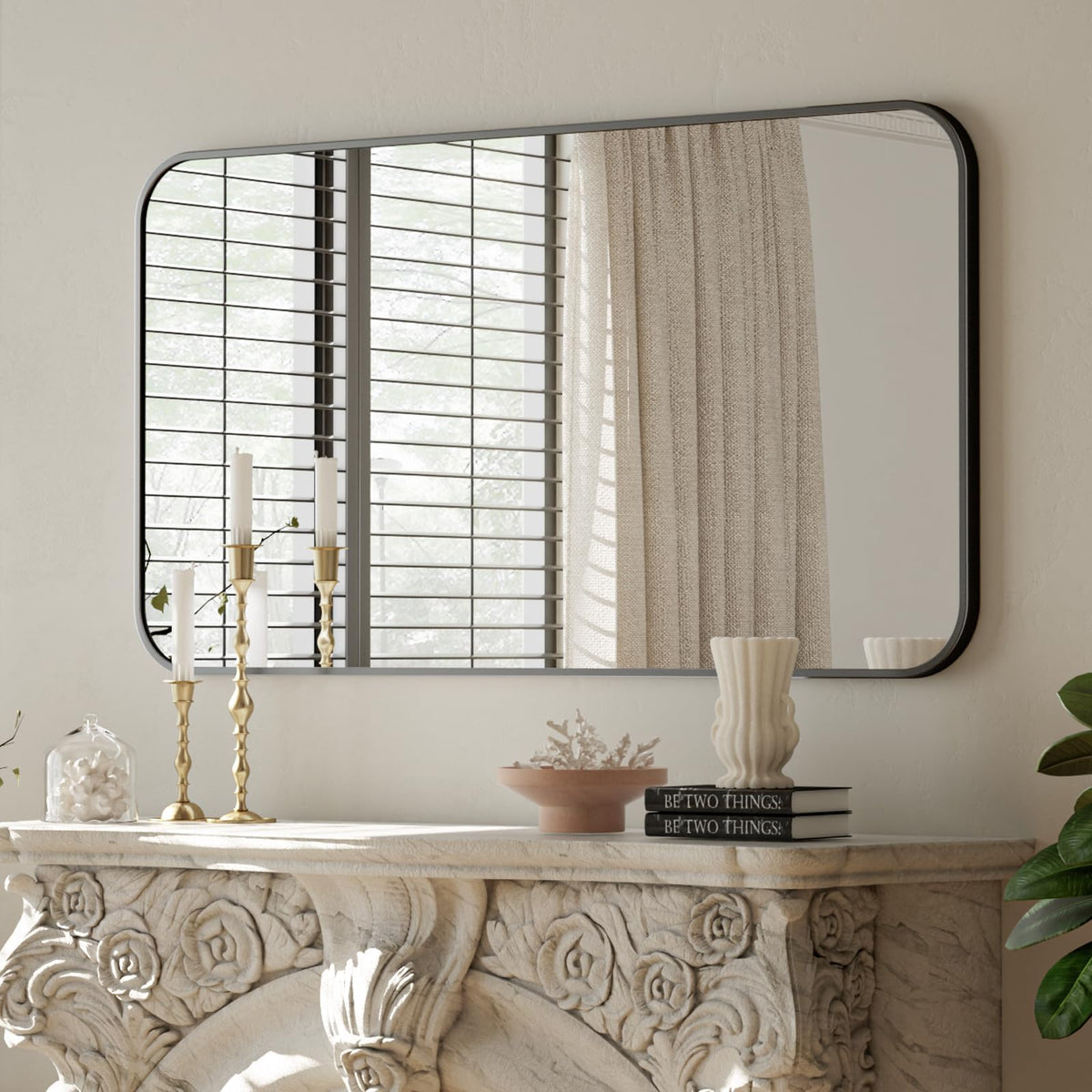 BEAUTYPEAK 24" x 36" Rectangular Aluminum Alloy Frame Wall Mounted Bathroom Mirror with Rounded Corners, Black