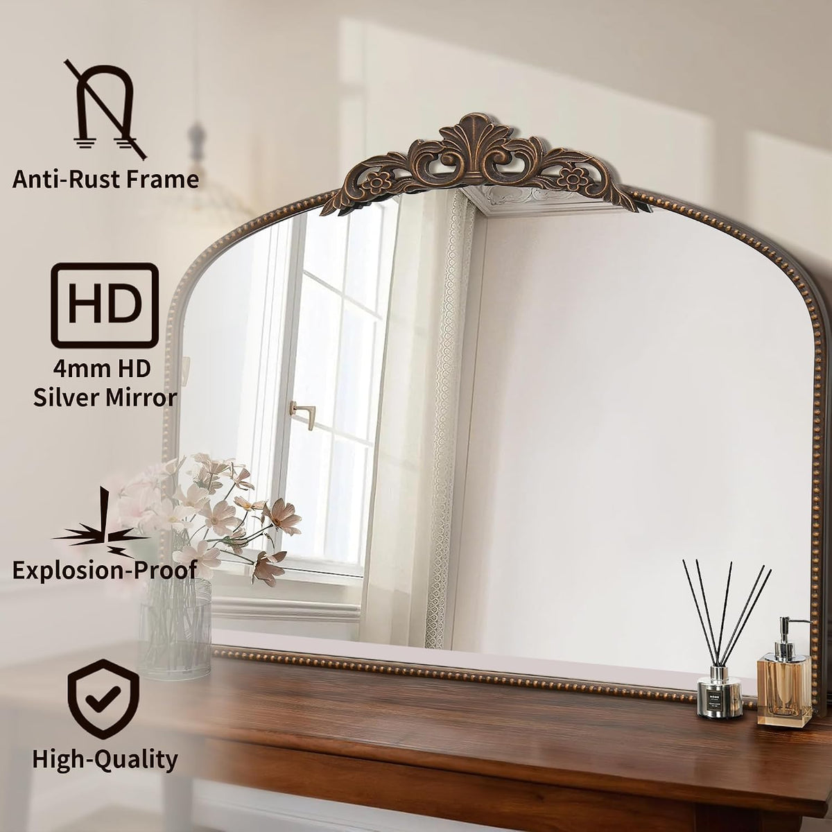 Micasso Vintage Bronze Wall Mirror: 40"x29" Baroque Antique Arched Mirror