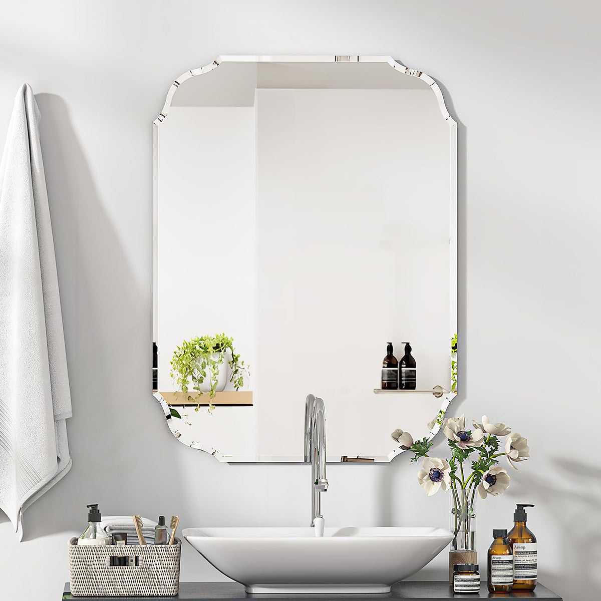 Silver Wall Mirror-Beveled Edge Frameless Mirror for Bathroom, Vanity, Bedroom, Rectangle Mirrors （32X24inch）