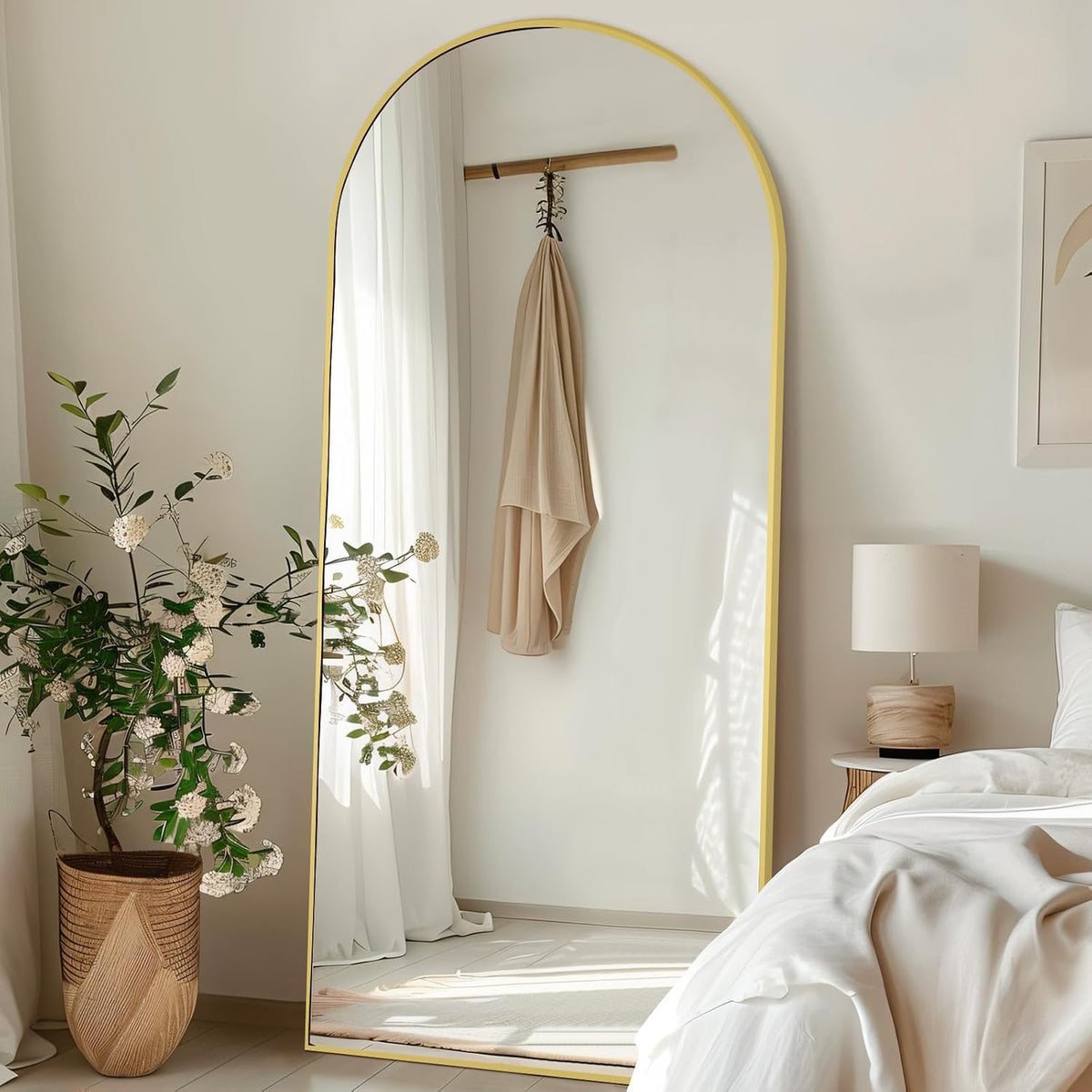 MirrMuse 76"x34" Large Arched Floor Mirror Full Length with Stand, Gold