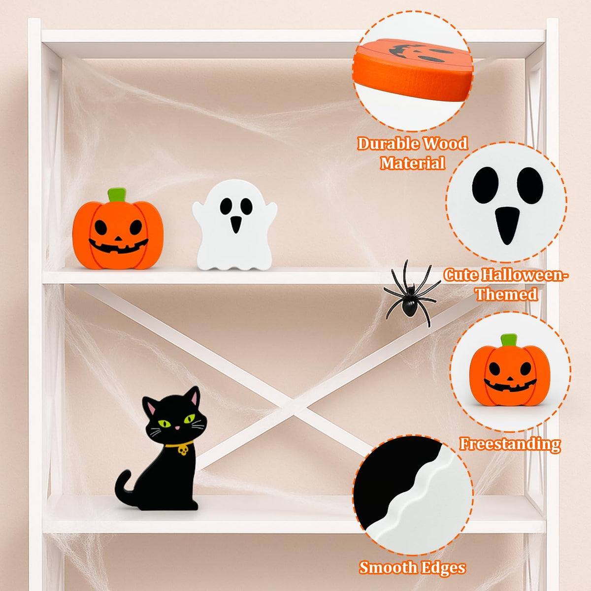 Halloween Decorations for Indoor Home 3 Pcs, Cute Wooden Pumpkin Ghost Black Cat Decor for Tabletop Tiered Tray, Halloween Centerpiece Sign for Desk Fireplace Office Shelf Farmhouse Rest Bathroom Dorm