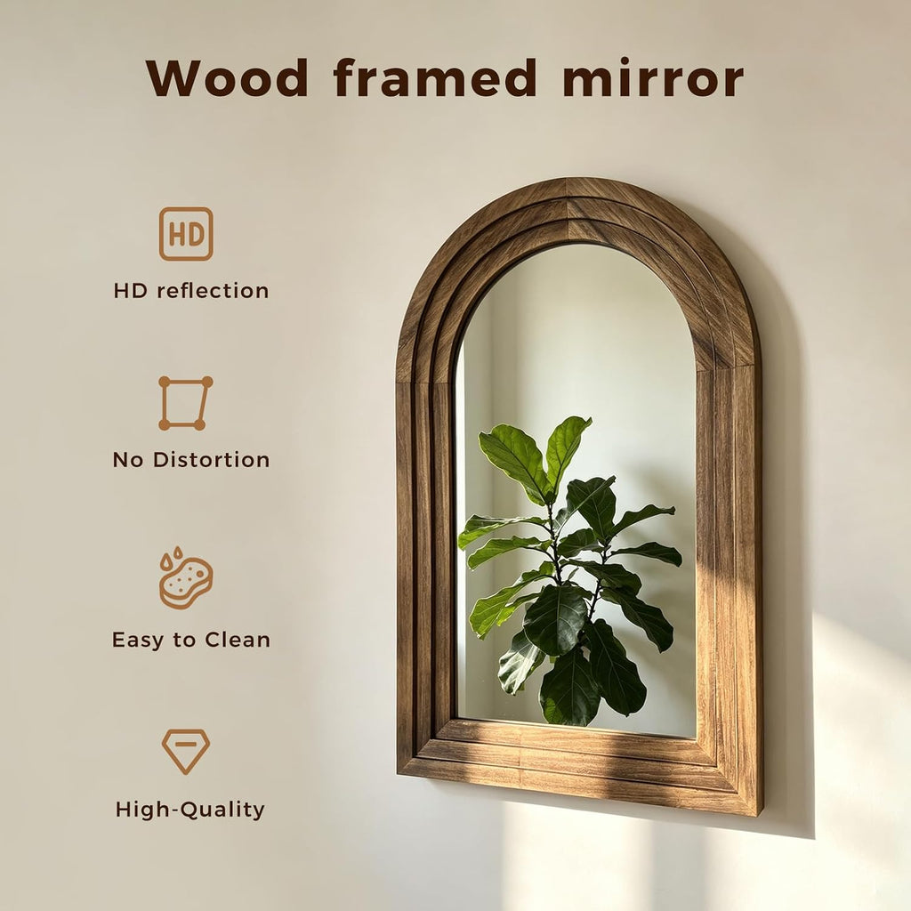 OUZUGIE Squared Arch Bathroom Mirror, Wood Frame, 24 x 36 in, Light Walnut