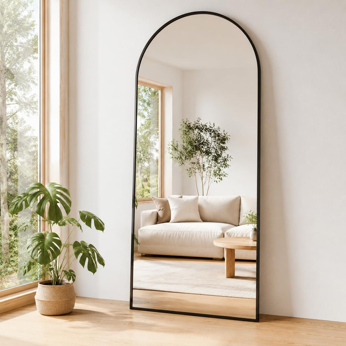 Antok 58" x 20" Arched Full Length Floor Mirror, Aluminum Frame, Black
