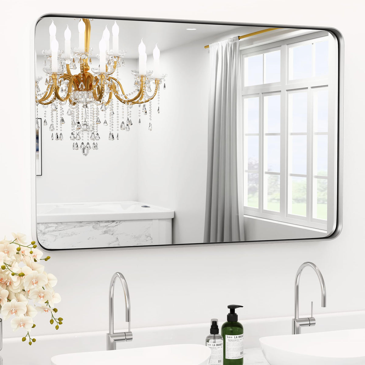 Black Bathroom Mirror 24 x 28 in Vanity Mirror,Metal Frame Wall Mirror,Farmhouse Rectangle Mirror, Bathroom Mirrors for Over Sink,Horizontal or Vertical Hanging