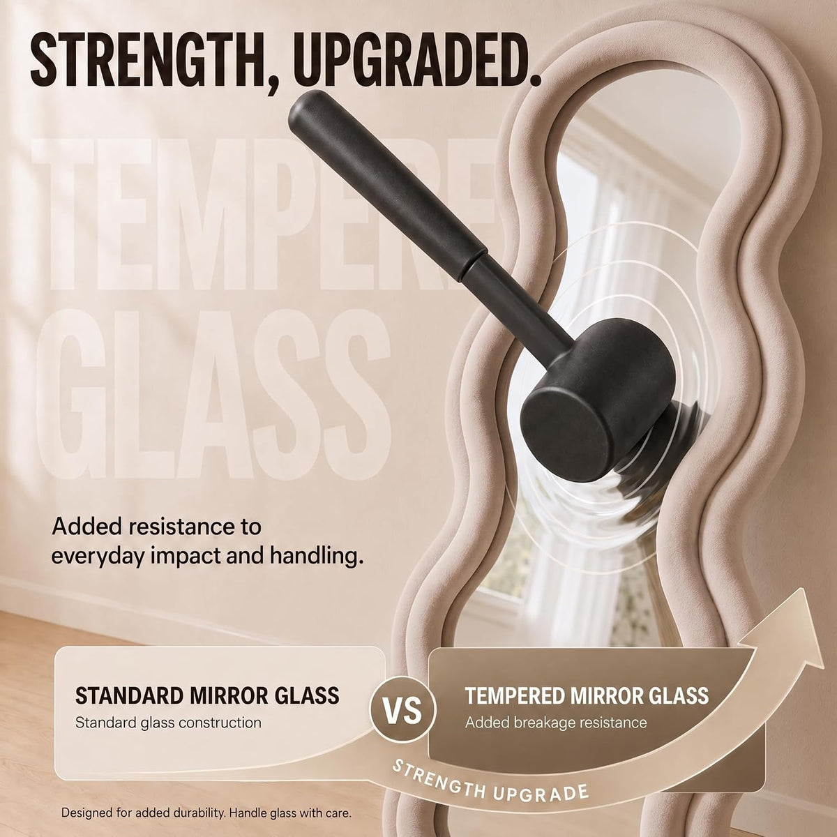 BOJOY Full Length Mirror 63"x24", Irregular Wavy Mirror, Wave Arched Floor Mirror, Wall Mirror Standing Hanging or Leaning Against Wall for Bedroom, Flannel Wrapped Wooden Frame, Milk Tea Color