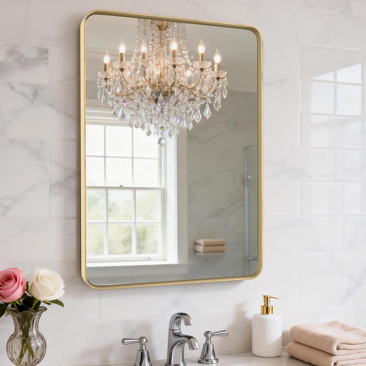 Black Bathroom Mirror 24 x 28 in Vanity Mirror,Metal Frame Wall Mirror,Farmhouse Rectangle Mirror, Bathroom Mirrors for Over Sink,Horizontal or Vertical Hanging