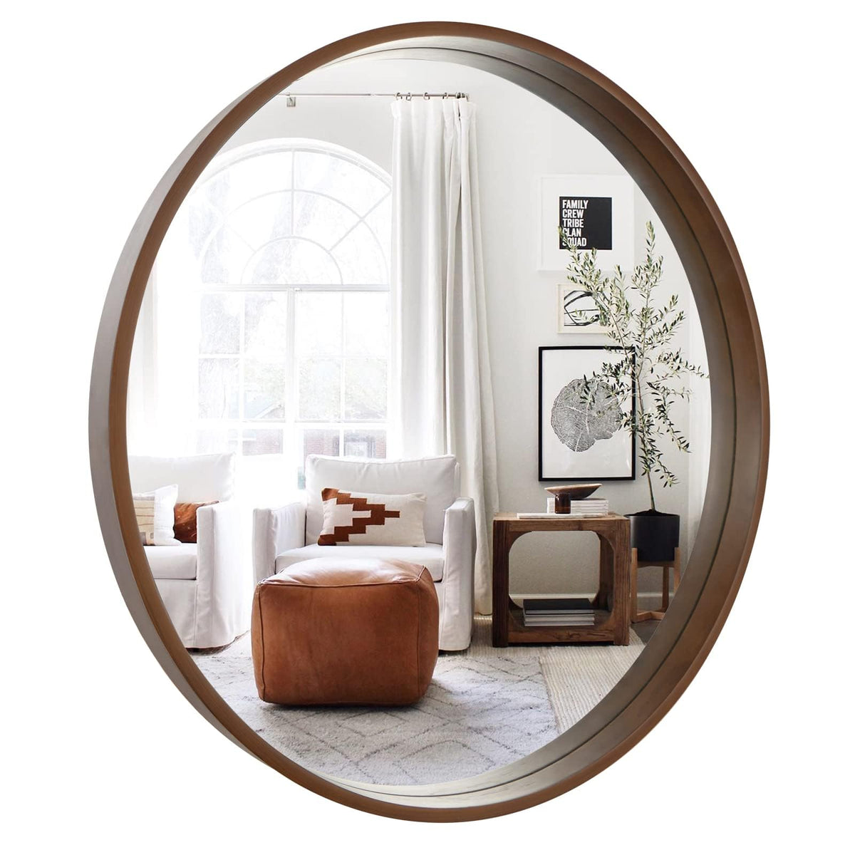 WallBeyond Wood Round Mirror with Wood Frame 24 inch Circle Wall Mirror for Bathroom Round Wall Mirror for Wall Decor, Vanity, Entryway Living Room (Walnut)