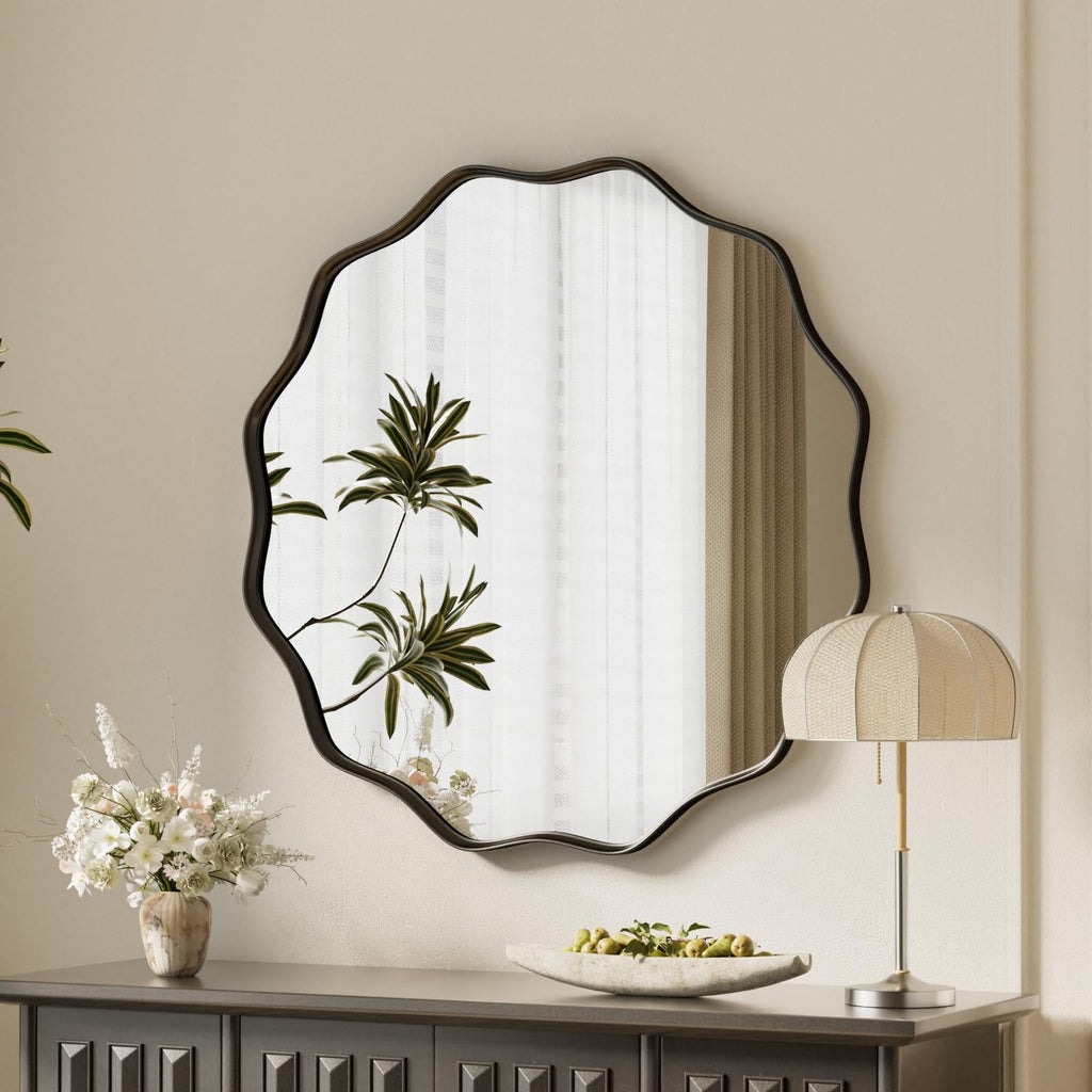 VooBang Gold Scalloped Circle Mirror, 24" Wavy Edge Round Wall Mirror