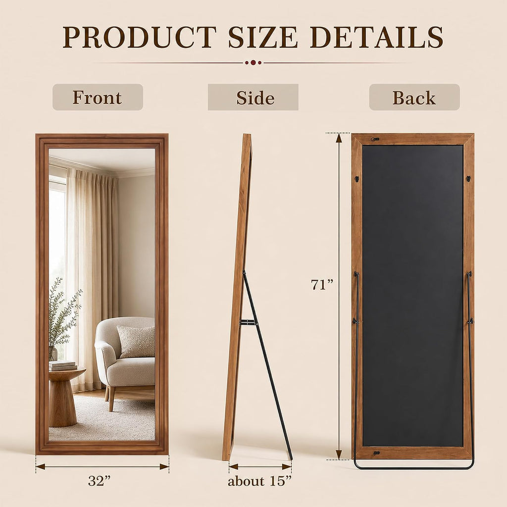 71"x32" Full Length Mirror, Large Wood Floor Mirror, Brown