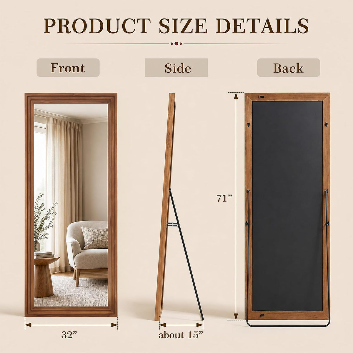 71"x32" Full Length Mirror, Large Wood Floor Mirror, Brown