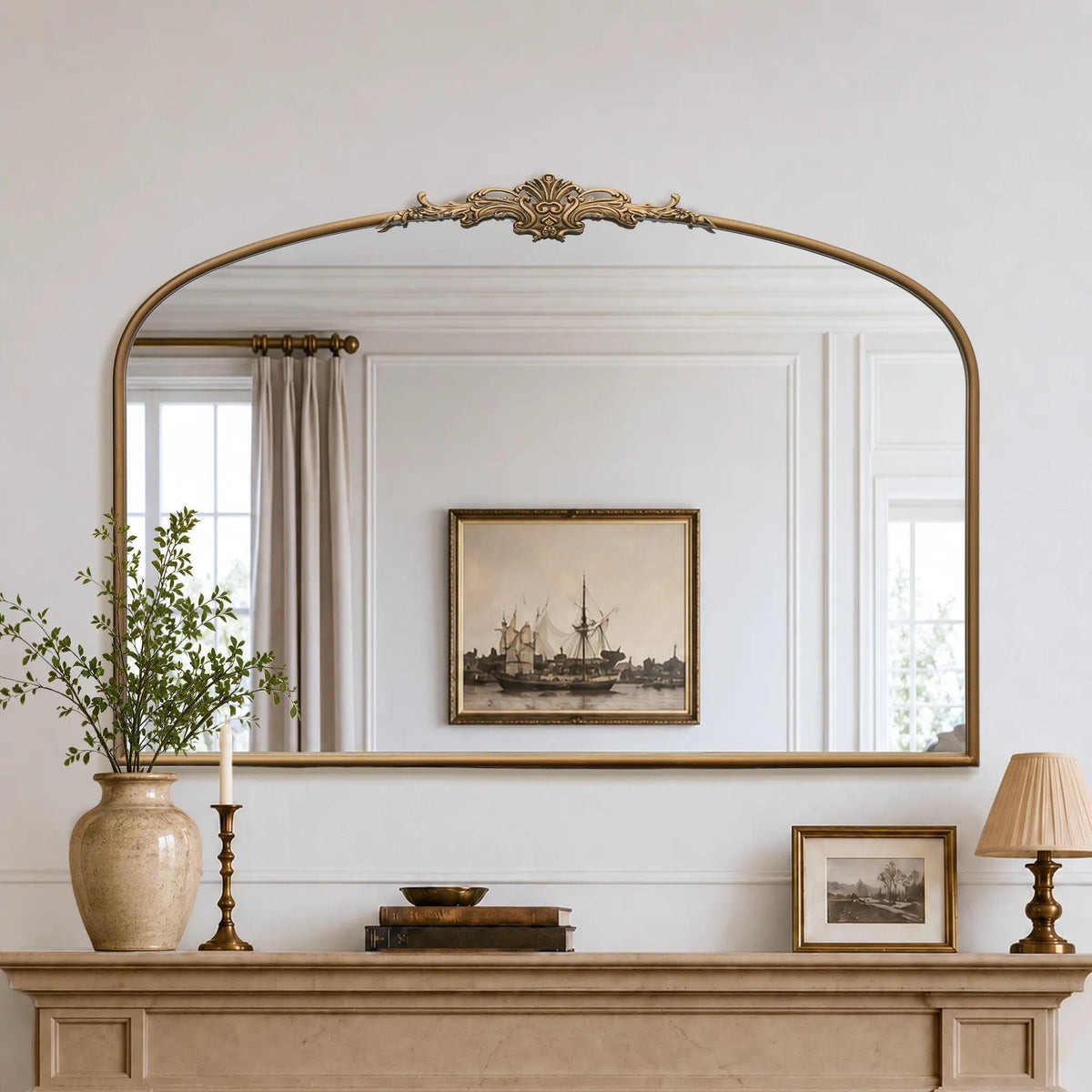 Besdomus Vintage Arched Gold Mirror: 40"x29" Large Brass Antique Decorative