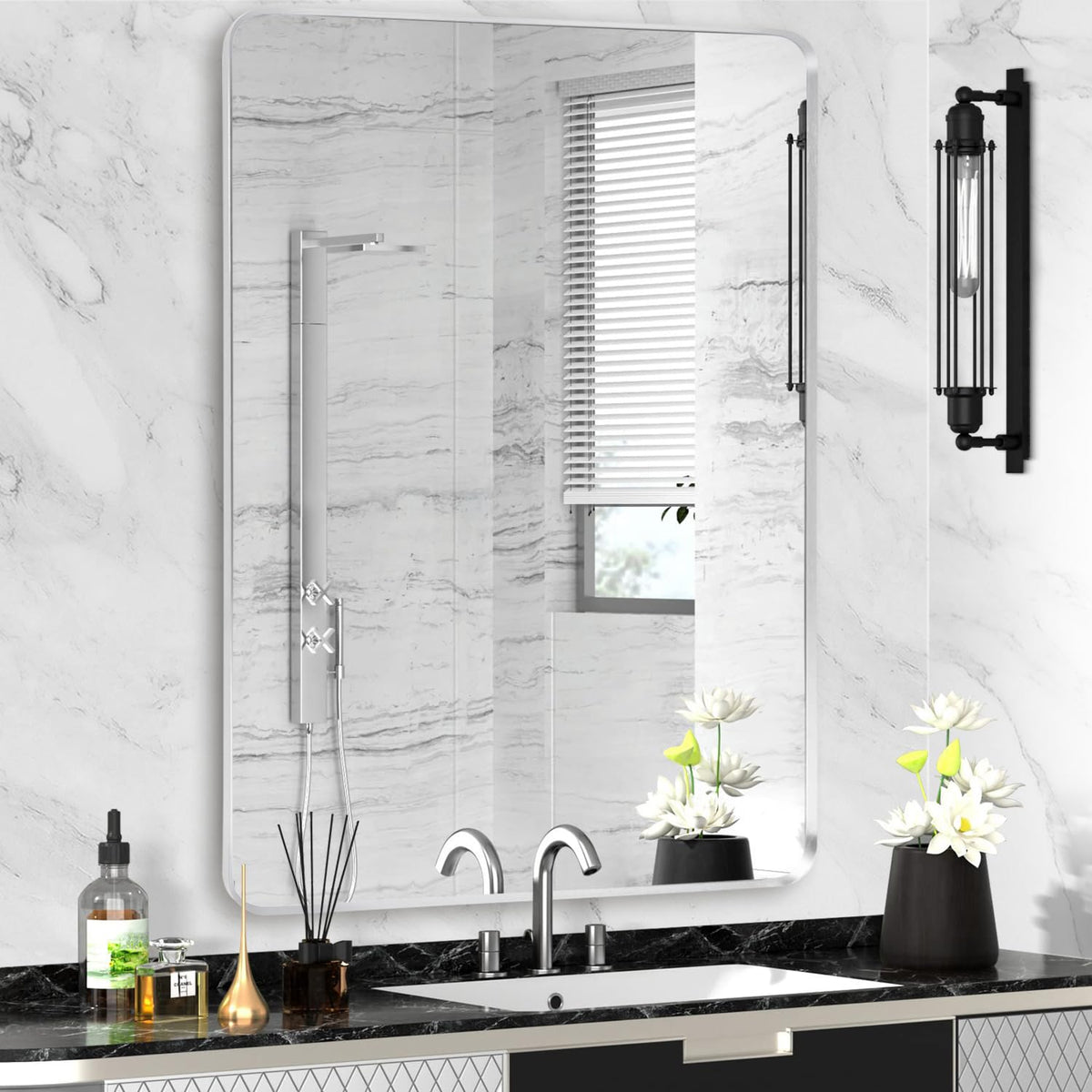 Wall Mount Mirror for Bathroom, Black Metal Framed, 24" x 36"