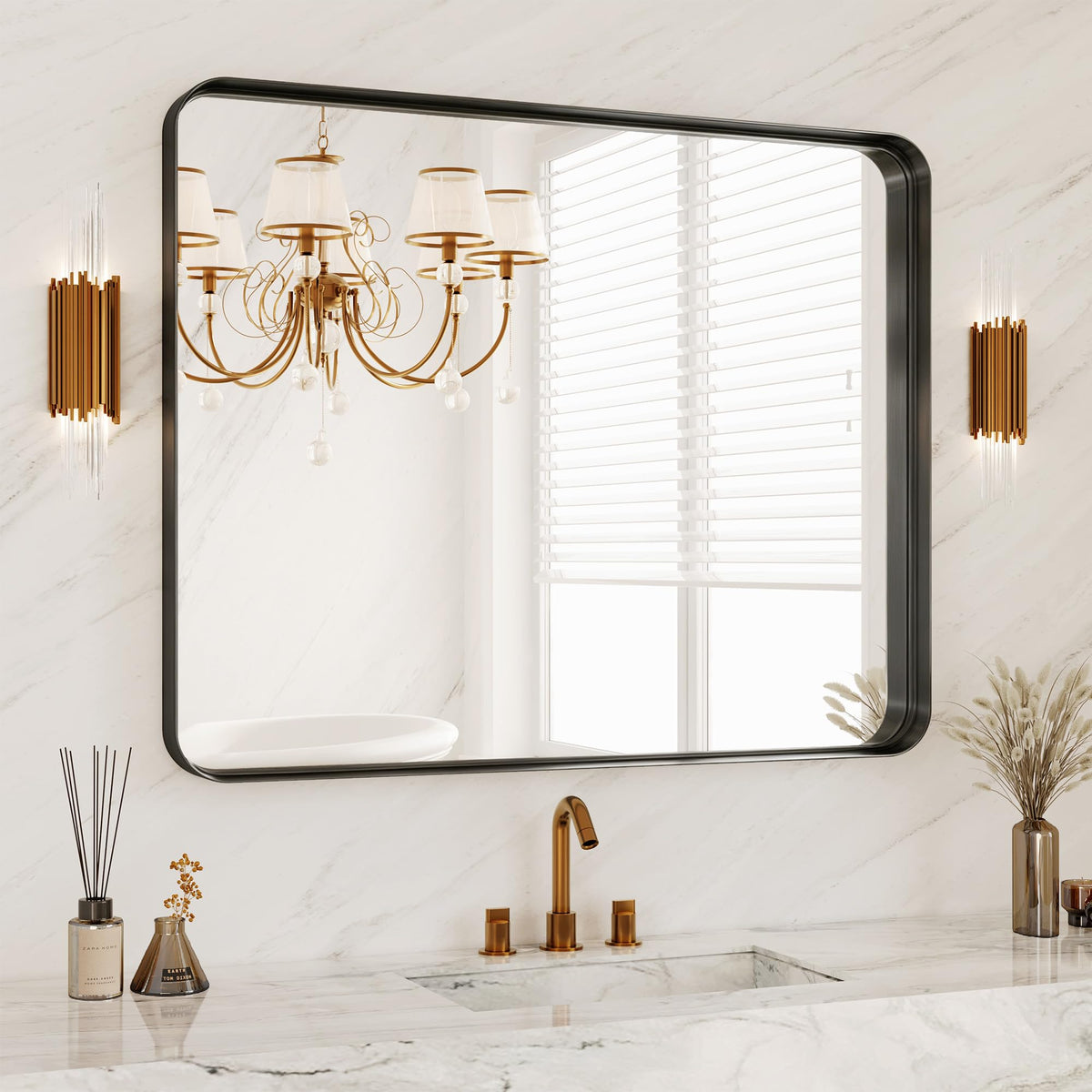 30x36 Inch Black Metal Framed Bathroom Mirror for Wall, HD Tempered Glass