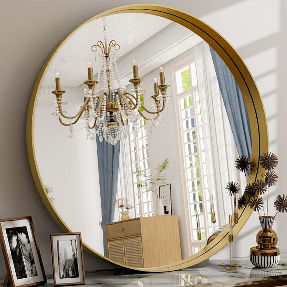 42 Inch Round Bathroom Mirror - Black Wall Mounted Circle Mirror with Metal Frame, Modern Round Hanging Mirror Suitable for Bathroom, Vanity, Entryway, Living Room