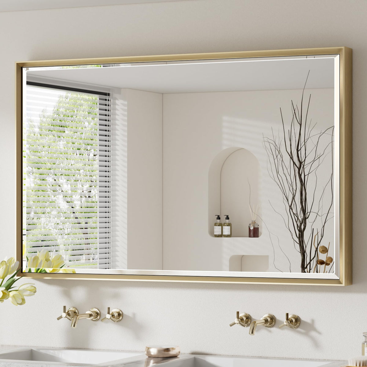 Brushed Nickel Bathroom Mirror, 24x32 Inch Beveled Framed Bathroom Mirror Anti-Rust, Brushed Nickel Metal Frame Bathroom Vanity Mirror for Wall, Vertical/Horizontal Wall-Mounted Mirrors