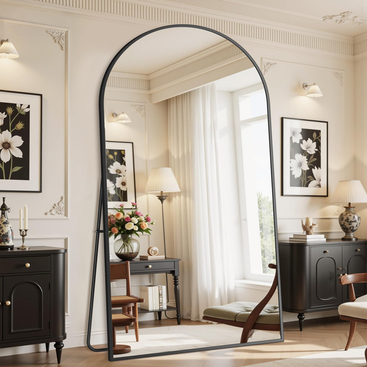 Suidia 71"x28" Arched Full Length Mirror with Stand, Black Floor Mirror