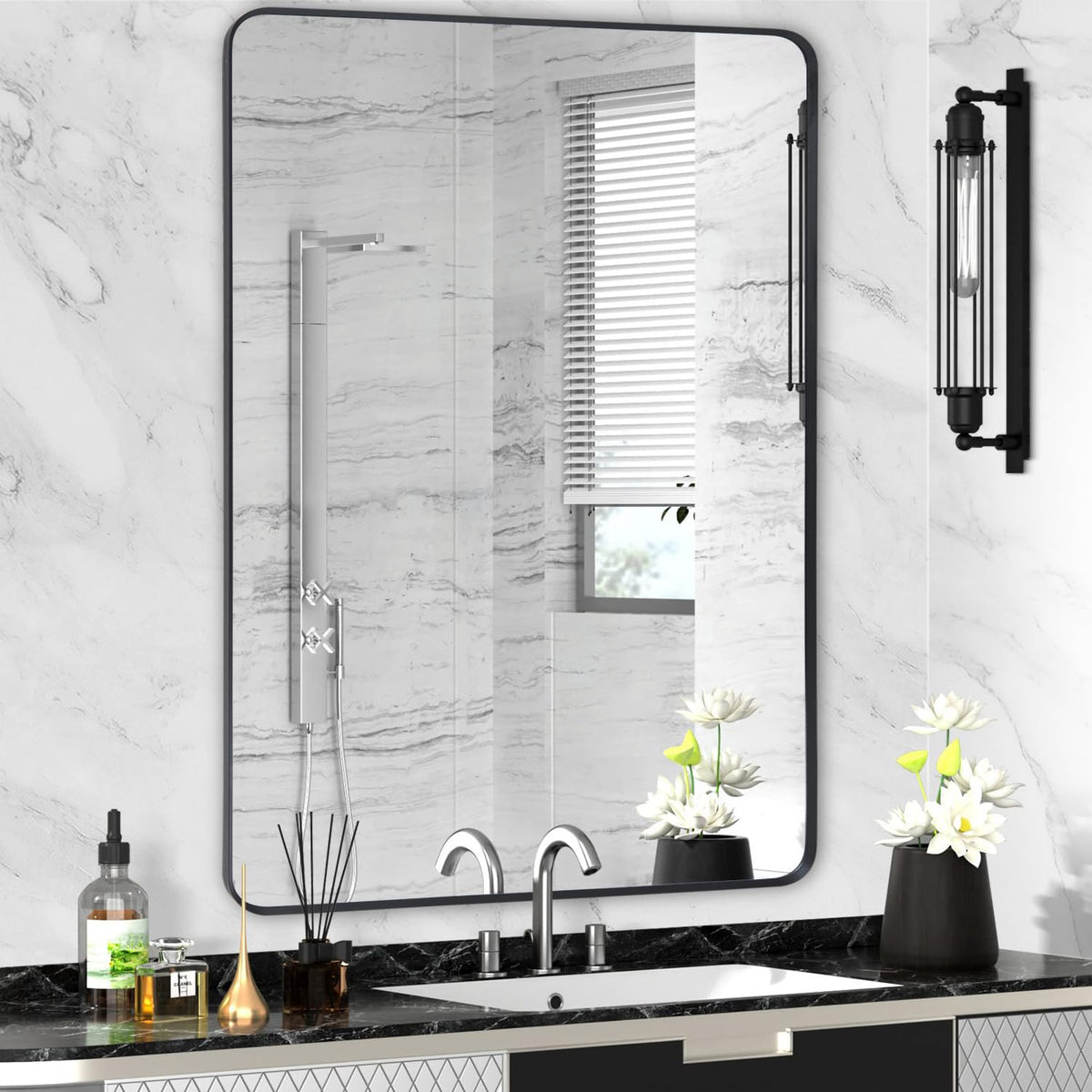 Wall Mount Mirror for Bathroom, Black Metal Framed, 24" x 36"