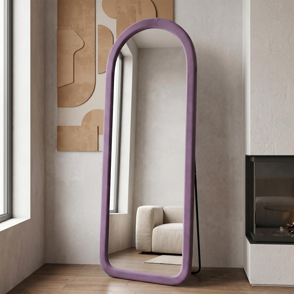 Full Length Mirror 56"x20" Arch Floor Mirror with Stand Arched Full Body Mirror Standing Hanging or Leaning Against Wall for Bedroom Flannel Wrapped Wooden Frame Purple