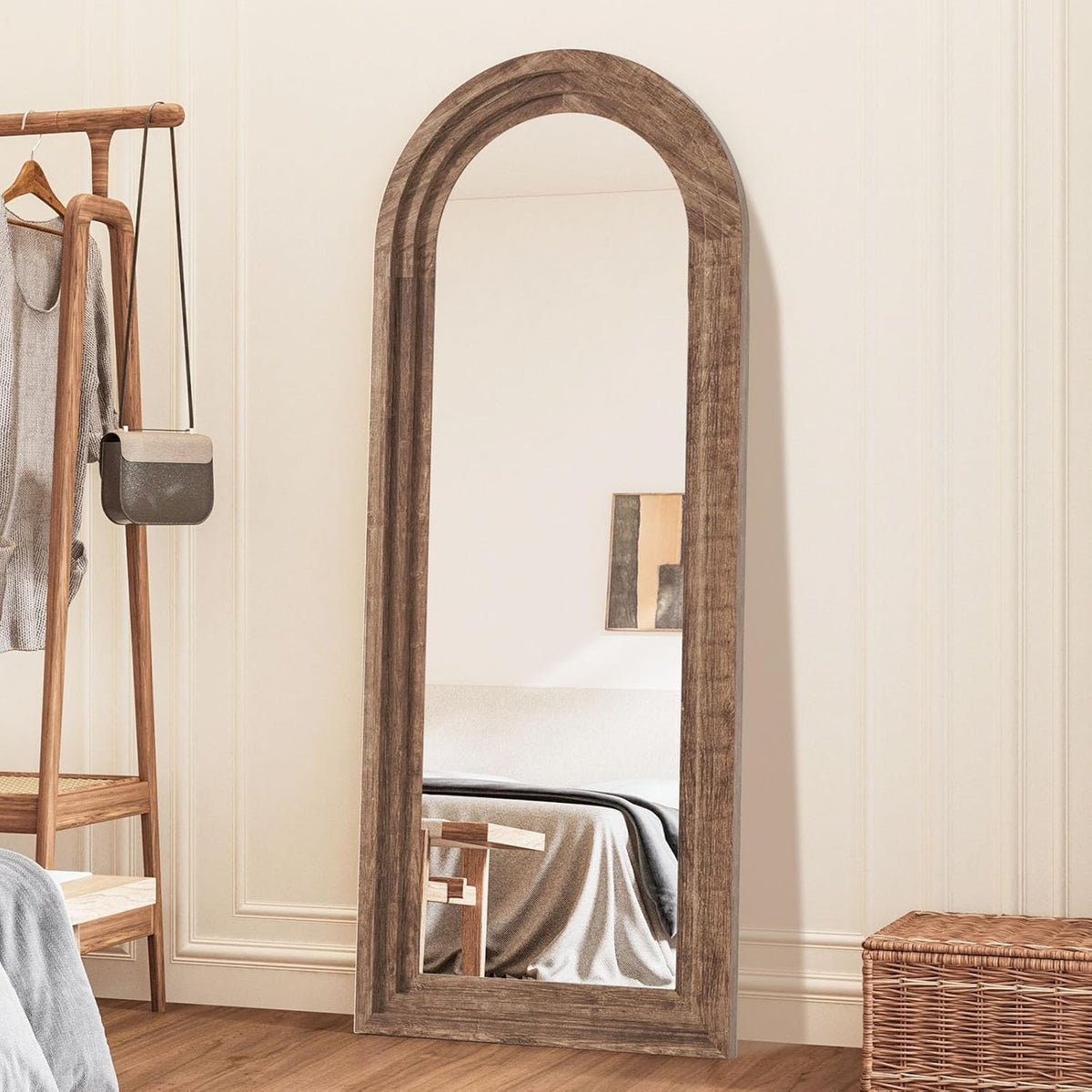 Arched Full Length Mirror with Solid Wood Frame 65x24 Inch Wall Mounted Floor Mirror, Vertical Hanging Leaning Standing Mirror for Living Room, Bedroom, Entryway, Rustic White