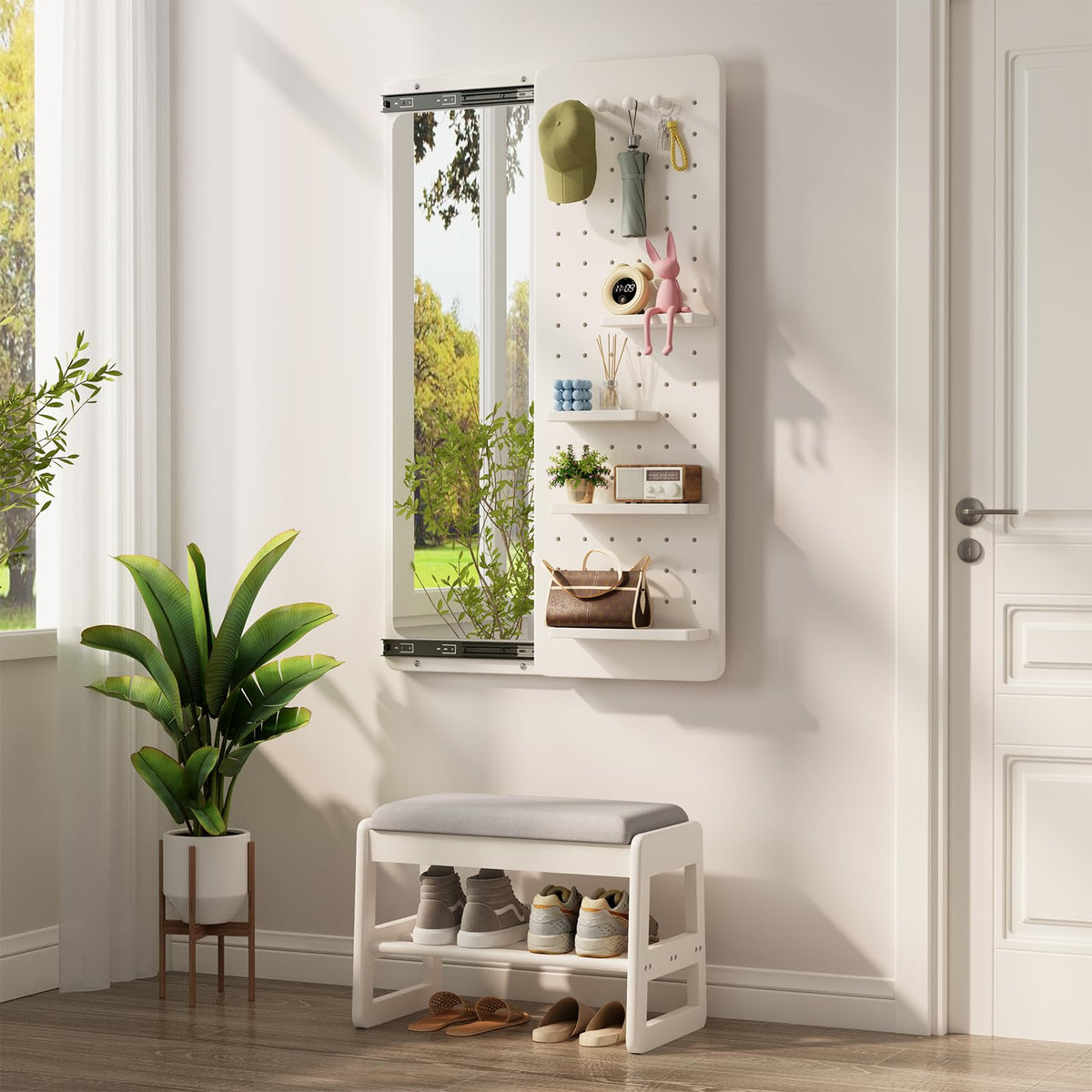 KungFuWood Full Length Mirror with Shelf and Hooks,Entry Way Mirrors for Wall,Wall Mirror with Shelf,Wall Mirror with Storage Multifunctional Design Panel,Living Room (Walnut, 52.4" L x 19" W)