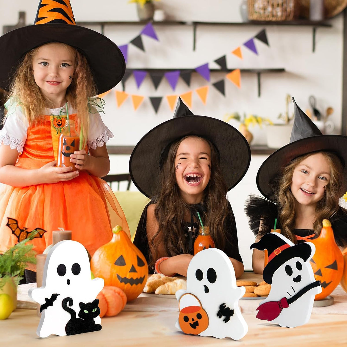 3 Pcs Halloween Ghost Decor - Cute Ghost Decorations Indoor, Wooden Tiered Tray Decor Table Sign Set, Halloween Table Decor Witch Broom Pumpkin Bat Blocks for Party Home Shelf Display