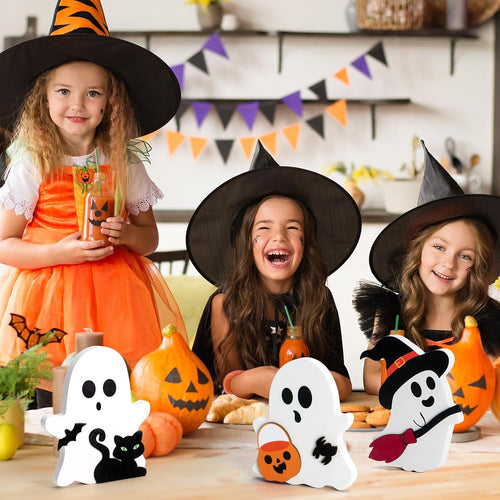 3 Pcs Halloween Ghost Decor - Cute Ghost Decorations Indoor, Wooden Tiered Tray Decor Table Sign Set, Halloween Table Decor Witch Broom Pumpkin Bat Blocks for Party Home Shelf Display