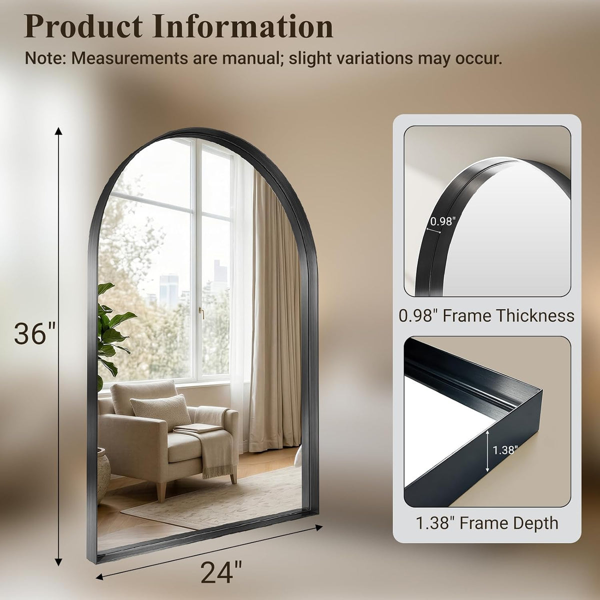36"x24" Black Arched Mirror, Arched Wall Mirror with Metal Frame, Wall Mounted Large Arched Mirror for Living Room, Restroom, Entryway, Tempered Glass, Modern Home Decor